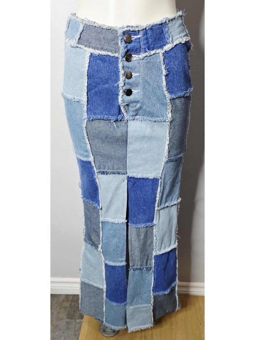 Vintage 90s Reworked Patchwork Denim Maxi Skirt by Zana Di